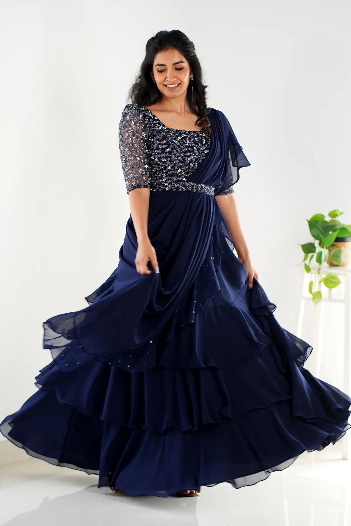 Navy blue layered choli set